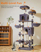 Taoqimiao 76-Inch Cat Tree Cat Tower for Indoor Cats, Plush Multi-Level Cat Condo with 12 Scratching Posts, 2 Perches, 2 Caves, Hammock, 2 Pompoms MS016G Smoky Gray