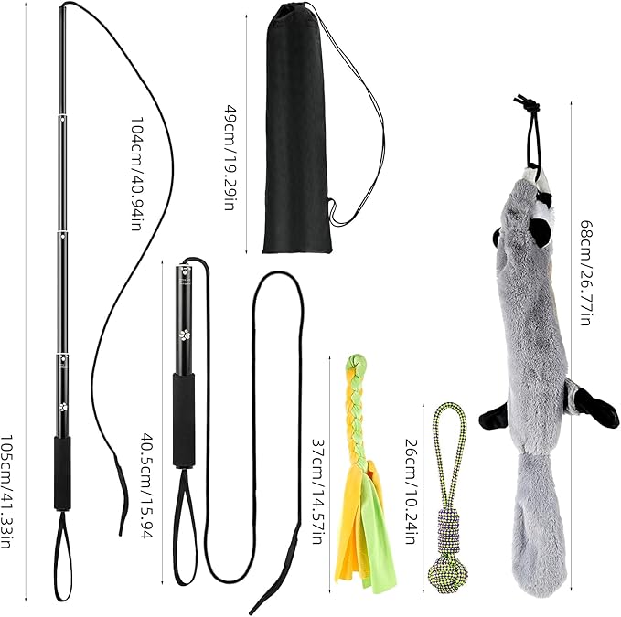 Flirt Pole for Dogs, Extendable Dog Flirt Pole with Detachable Interactive Toys Teaser Wand with Lure Chewing Toy for Outdoor Exercise & Training Interactive Toys Heavy Duty Dog Toy