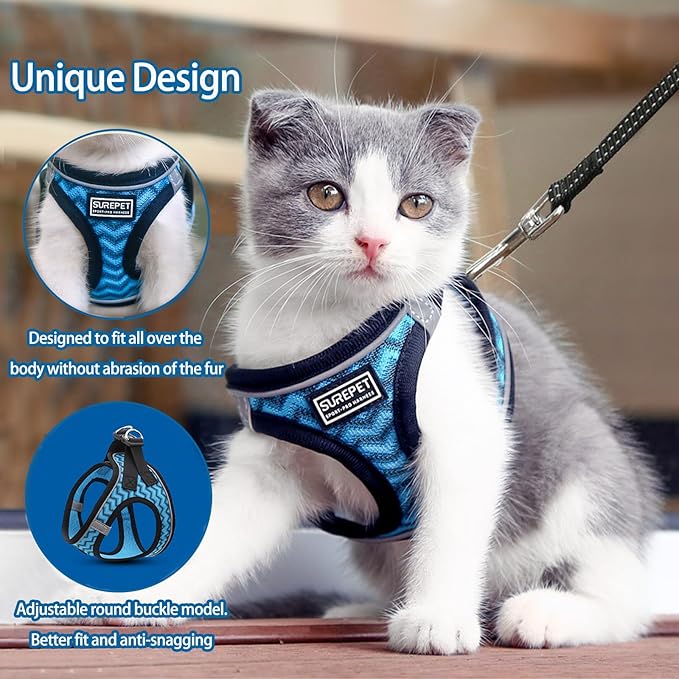 Cat Harness and Leash Set for Walking and Small Dog Soft Mesh Harness Adjustable Vest with Reflective Strap Comfort Fit for Pet Kitten Puppy Rabbit （Blue Stripe,XS）