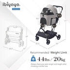 ibiyaya Essential – Travois Tri-Fold Pet Travel System for Medium Dogs, Cats, and More, 3 in 1 Dog Stroller with Detachable Carrier, XL Cabin (Taupe Gray)