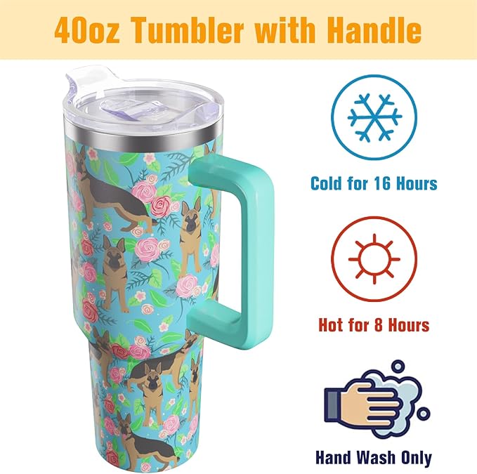 German Shepherd Gifts for Women Dog Lovers 40 oz Floral German Shepherd Tumblers with Handle and Straw, Stainless Steel Vacuum Insulated Travel Coffee Mug Cup Water Bottle