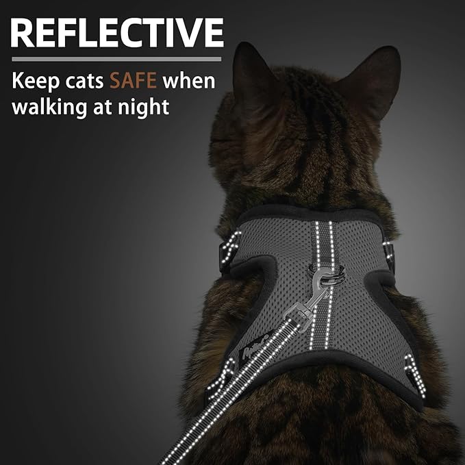PUPTECK Cat Harness and Leash Set Escape Proof, Reflective Adjustable Soft Mesh Kitten Vest Harness for Walking Travel, Grey, S