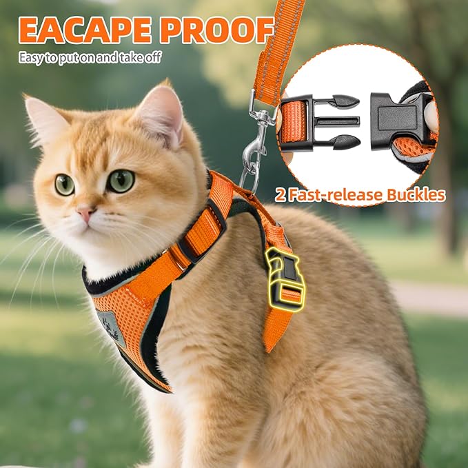 PUPTECK Cat Harness and Leash Set Escape Proof Reflective Cat Walking Harness Adjustable Soft Breathable Mesh Vest for Small Pets, Orange, S