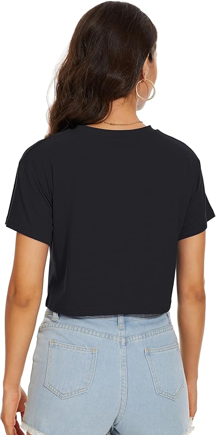 Womens Summer Crop Tops Short Sleeve Round Neck T-Shirts Loose Fit Casual Blouse