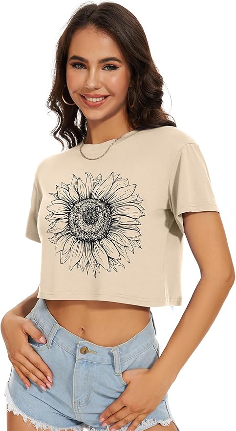 Womens Summer Crop Tops Short Sleeve Round Neck T-Shirts Loose Fit Casual Blouse