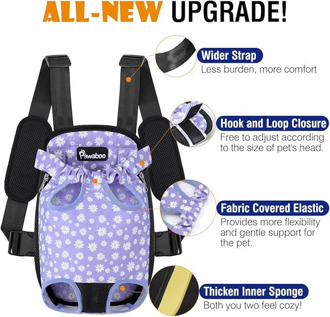 Pawaboo Pet Carrier Backpack, Adjustable Pet Front Cat Dog Carrier Backpack Travel Bag, Legs Out, Easy-Fit for Traveling Hiking Camping for Small Medium Dogs, Large Size, Black & Purple Daisy