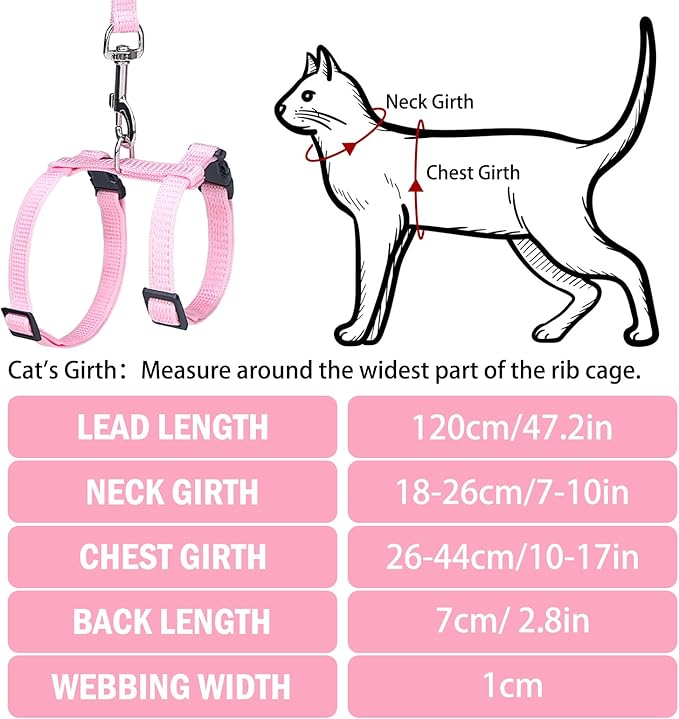 PUPTECK Adjustable Cat Harness and Leash Set Escape Proof Kitten Strap Collar for Walking Travel, Light Pink