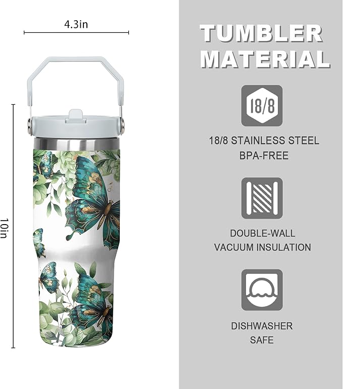 30 Oz Butterfly Tumbler with Handle and Straw, Butterfly Tumbler with Lid and Straw, Double Wall Stainless Steel Butterfly Cup, 30 Oz Butterfly Water Bottle and Butterfly Mugs for Women Gifts