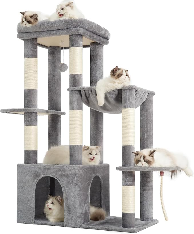Heybly Heavy Duty Cat Tree, Tower for Indoor Cats large adult, Tall Cat Condo House with Extra-Large Baseboard, Multi-Level Plush Furniture with Scratching Posts, Hammock, Toy Ball, Light Gray HCT026W