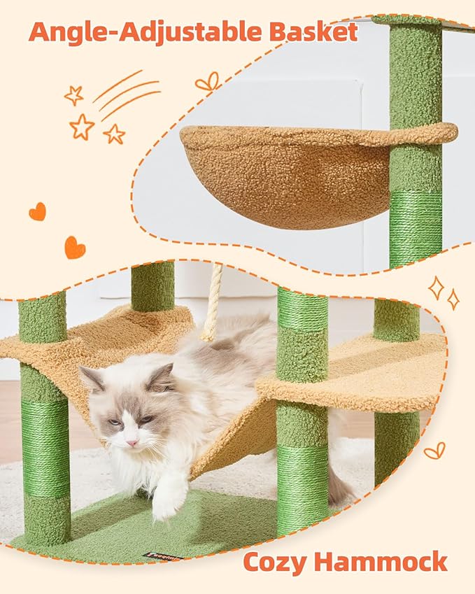 Taoqimiao Cat Tree, 66.2-Inch Cat Tower for Indoor Cats, Plush Multi-Level Cat Condo with 7 Scratching Posts, 2 Perches, 2 Caves, Hammock, 2 Pompoms, MS013T Cactus