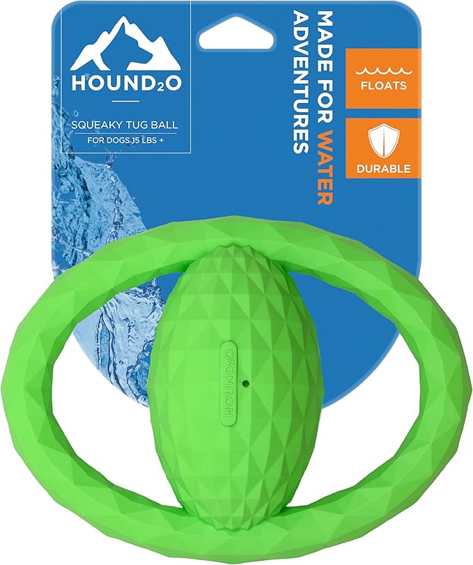 Playology Hound2O Dog Toys | Squeaky Tug Ball Toy for Tug of War | Green Floating Outdoor Toy - Easy to Clean and Made from Non Toxic Materials