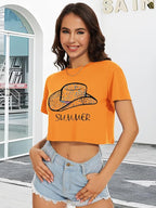 Womens Summer Crop Tops Short Sleeve Round Neck T-Shirts Loose Fit Casual Blouse