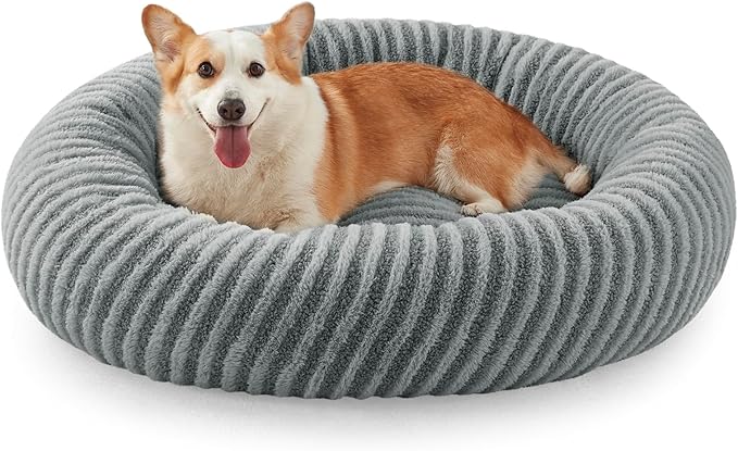 MIXJOY Calming Dog Beds Large Sized Dogs - Washable Donut Large Dog Bed with Removable Zipper Cover, Round Fluffy Plush Faux Fur Pet Bed with Anti-Slip Bottom, 36"x36"x10", Grey