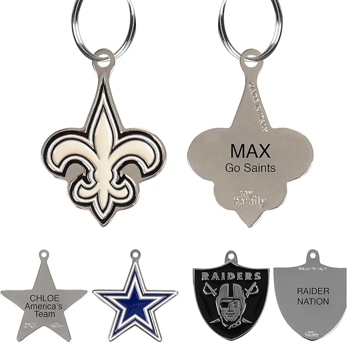 NFL New Orleans Saints Pet ID in 32 Team Logo Shapes - Engravable Stainless Steel Dog & Cat Tags - 3 Lines of Custom Text for Tracking & Safety
