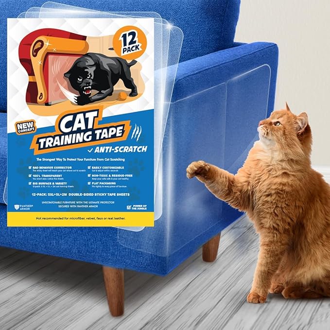 12 Pack Cat Scratch Furniture Protector Tape Sheets – Double-Sided Sticky Training (5 XL, 5 Large, 2 Medium) – Anti-Scratch Couch & Sofa Guard – Clear – Not for Leather, Velvet, Microfiber