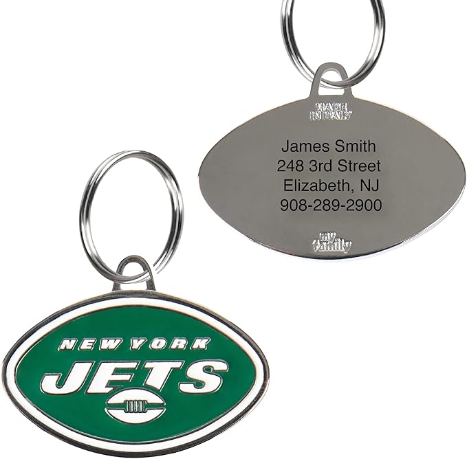 NFL New York Jets Engraving Pet ID Tags in 32 Team Logo Shapes Personalized Dog Tags and Cat Tags with 3 Lines of Customizable Text for Tracking & Safety. Stainless Steel Pet ID Tracking Tags