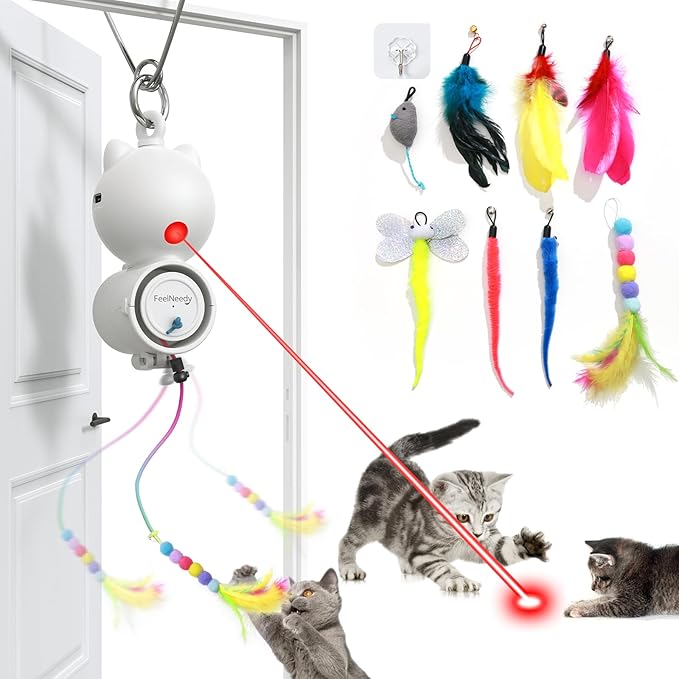 Laser Interactive Cat Toys, LED Light, 8 PCS Replacement Teaser with Bell Refills, Feather & Mouse Cats Toy, Hanging Cat Toys for Indoor Cats, for Bored Adult Kitten Exercise, Silver