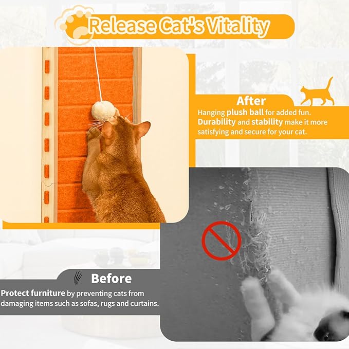Cat Scratch Pad Felt Cat Scratcher for Indoor Cats Scratching Board Scratchers for Large Cat Scratch Furniture Protector with Ball Kitten Toys L Shape 26.8 Inch Orange