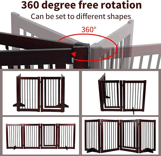 Wooden Freestanding Pet Gate, Pet Gate for Dogs, 29.5inch 4-Panel Wooden Dog Fence with 2 Support, Feet Folding Dog Gate for Indoor, Doorway, Stairs, Kitchen, 81.5“L×30”H (Brown)