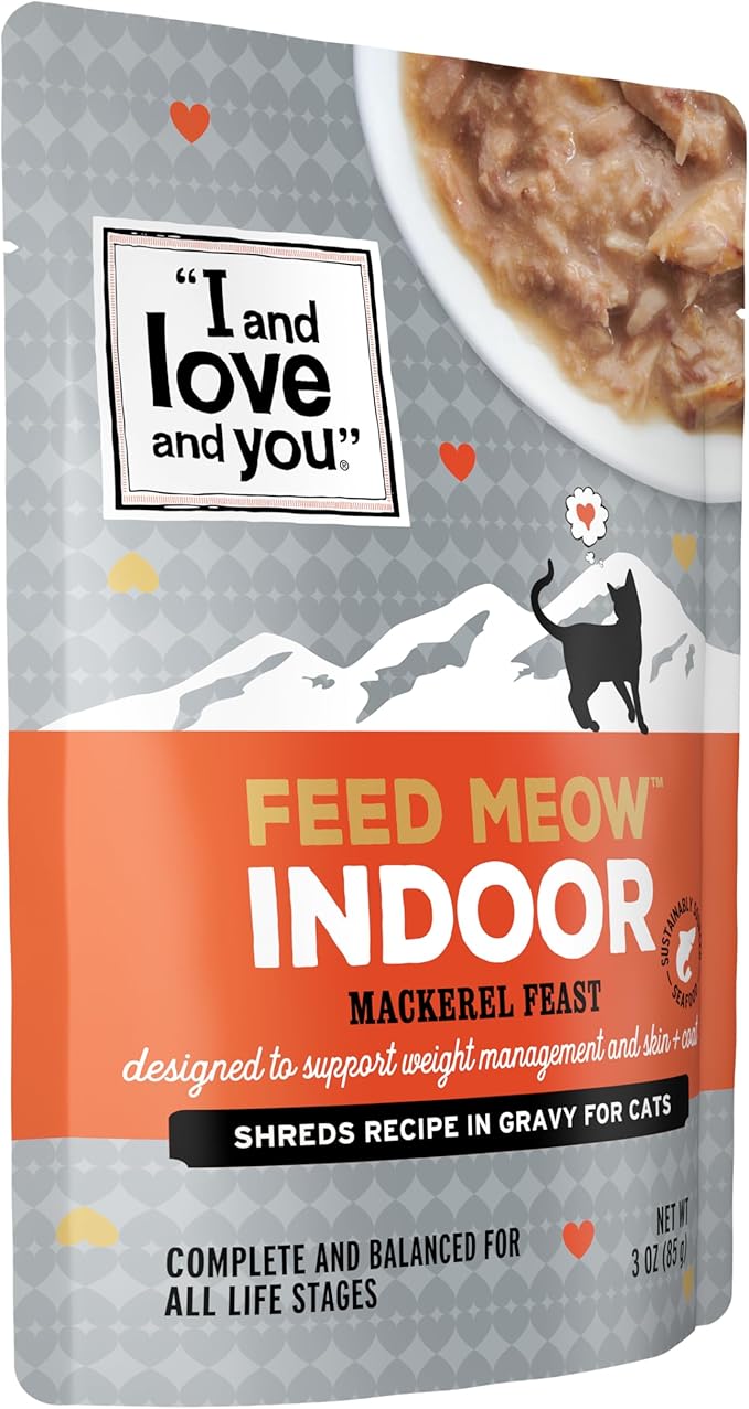I AND LOVE AND YOU Feed Meow Indoor Wet Cat Food - Mackerel - Packed with Protein and Fiber, Grain Free, Shredded, 3oz Pack of 12