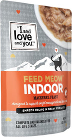 I AND LOVE AND YOU Feed Meow Indoor Wet Cat Food - Mackerel - Packed with Protein and Fiber, Grain Free, Shredded, 3oz Pack of 12