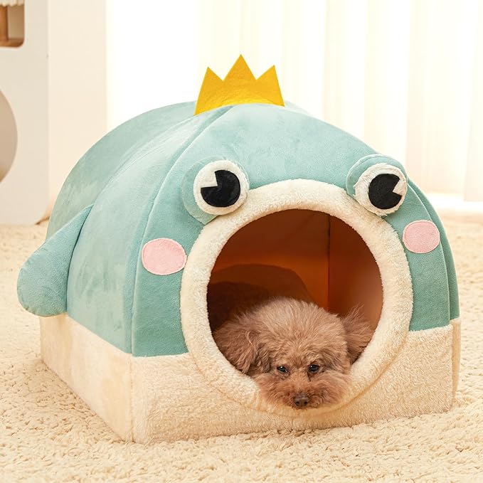 Jiupety Cat Beds for Indoor Cats, Cute Cat House for Cats and Puppy, Cute Cat Cave Bed with Removable Cushion, Large Cat Bed Cat Hideaway, 2-in-1 Cat Tent, L(19" × 19" × 19"), Green.