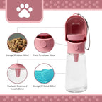 Leak Proof Portable Dog Water Bottle with Bowl – Travel Pet Water Dispenser for Walking & Hiking – Food Grade Plastic – Choose from 3 Colors (Pink, 320 ml)