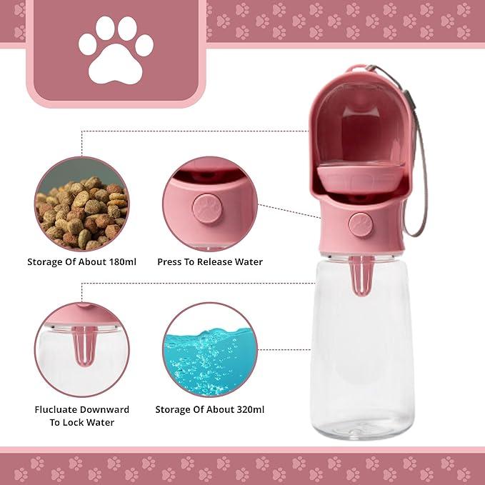 Leak Proof Portable Dog Water Bottle with Bowl – Travel Pet Water Dispenser for Walking & Hiking – Food Grade Plastic – Choose from 3 Colors (Pink, 320 ml)