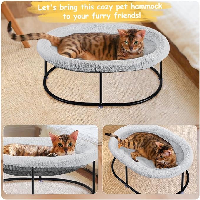 Elevated Cat Hammock Bed for Indoor Cats, Fluffy Warm Cuddle Cat Bed with Detachable Pad Bed Cover, Portable Pet Bed Raised Cuddler for Sleeping Kittens, Small Dog, Oval Cat Hammock Grey