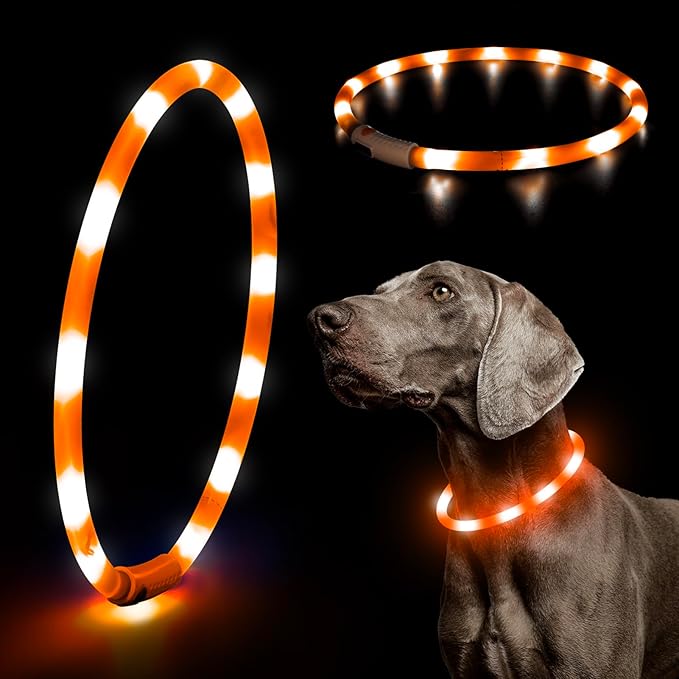 HIGO LED Dog Collar, Rechargeable Light Up Dog Collars, Lightweight Silicone Pet Safety Collar Lights for Night Walking (Orange-Silicone)