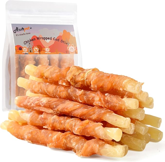ASMPET Dog Treats Chews, Chicken Wrapped Cod Sticks, Rawhide Free & Grain Free Dog Snacks for Training Rewards (16 pcs,10.6 oz)