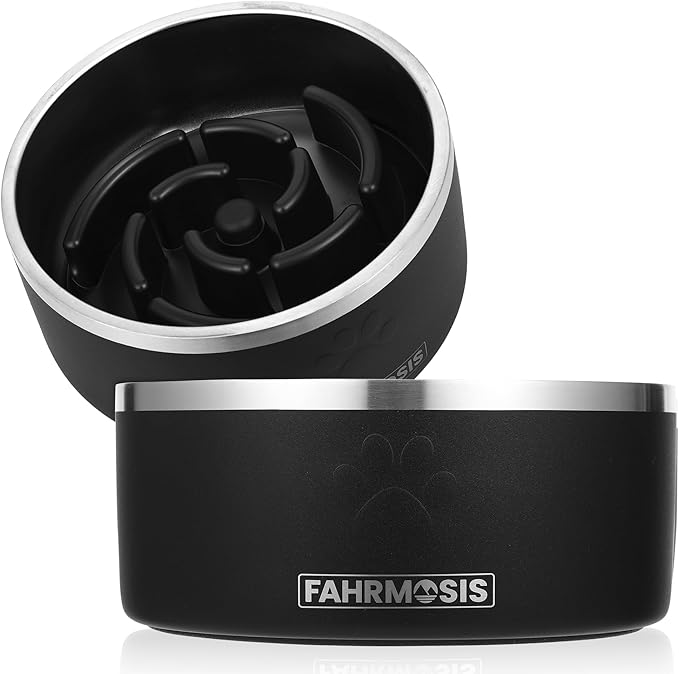 64 OZ Dog Bowl with Slow Feeder Insert Stainless Steel Pet Water Bowl for Medium & Large Breed Non Slip Rubber Base & Plastic Puzzle Feeder - Black