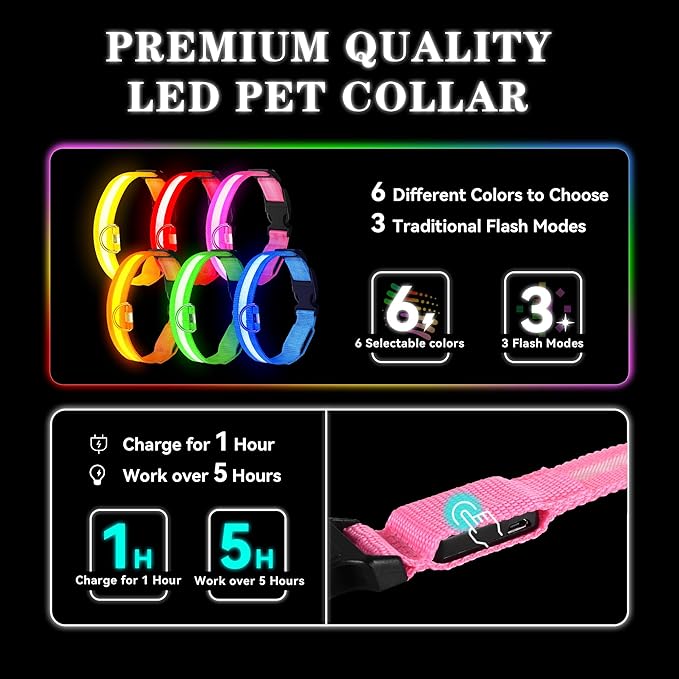 LED Light Up Dog Collar Rechargeable Waterproof, Glow in Dark Dog Collar, Lighted Dog Collars for Night Walking Charging USB, Safety for Small Medium Large Dogs (S, Pink)
