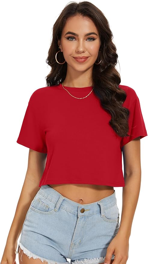 Womens Summer Crop Tops Short Sleeve Round Neck T-Shirts Loose Fit Casual Blouse
