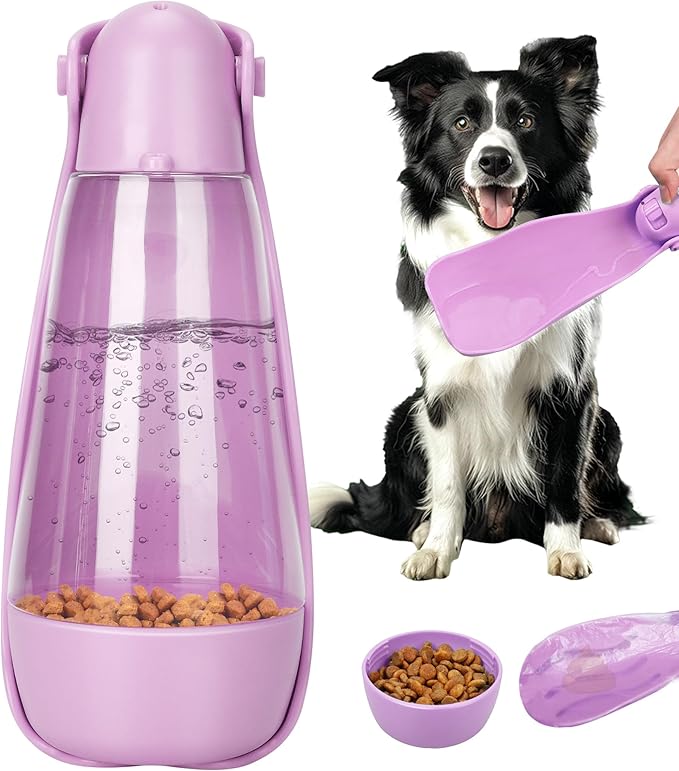 UPSKY Dog Water Bottle | Portable & Foldable Dog Water Bottle | 3-in-1 Portable Pet Water Dispenser with Food Container & Poop Scooper for Outdoor Walking, Hiking & Travel,14.2oz(Pink)