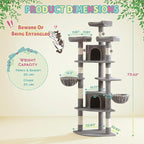 SHA CERLIN 73" Space-Saving Cat Tree/Multi-Level Tall Cat Tower with Perches/Scratching Posts/Condo & Hanging Baskets/Modern Fan-Shaped Design for Indoor Kitties/Pet Activity House/Grey