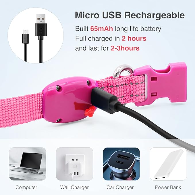 YFbrite Light up Dog Collars for Night Walking, Rechargeable LED Cat Collar, Comfortable Adjustable Lighted Dog Collar Rechargable for Cats, Small, Medium and Large Dogs (Pink, XS)