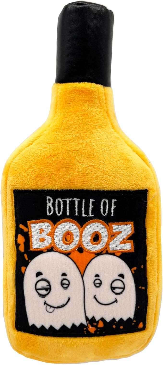 Huxley & Kent Halloween Funny Dog Toy w/Squeaker – Power Plush Squeaky Dog Toys for Small, Medium & Large Dogs – Soft Stuffed Animal for Indoor Play & Fetch - Bottle of Booz, One Size