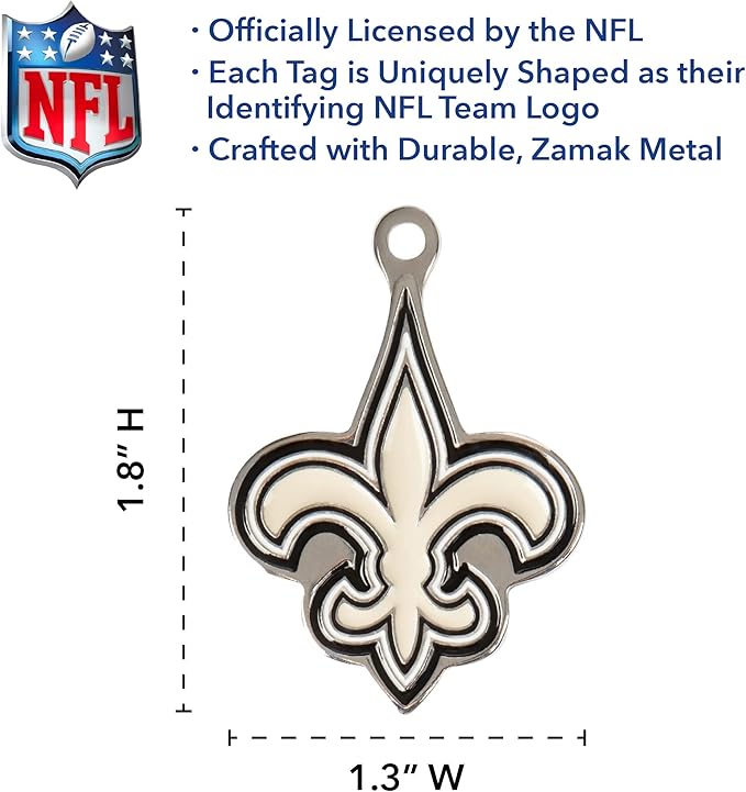 NFL New Orleans Saints Pet ID in 32 Team Logo Shapes - Engravable Stainless Steel Dog & Cat Tags - 3 Lines of Custom Text for Tracking & Safety