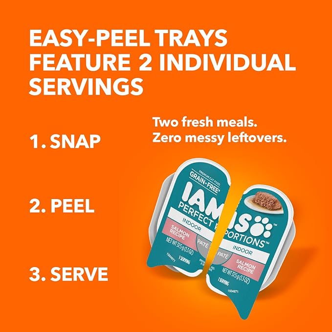 IAMS Perfect Portions Indoor Adult Grain Free Wet Cat Food Pate, Turkey and Salmon Recipe, 2.6 oz. Twin-Pack Trays (12 Count, 24 Servings) (Pack of 2)