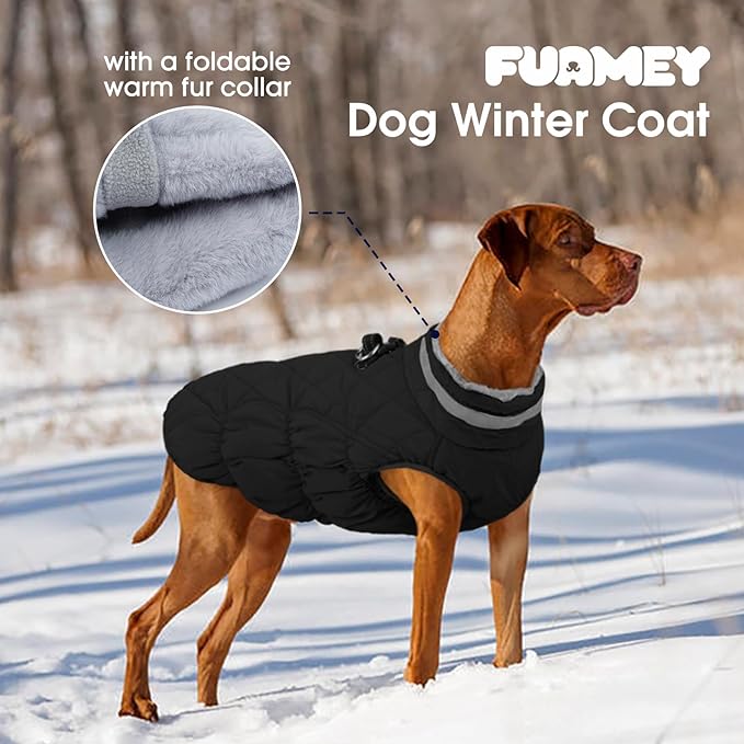 FUAMEY Dog Coat for Small Dogs,Waterproof Dog Winter Jacket with Harness Built in Puppy Cold Weather Coats Reflective Pet Vest with Zipper Warm Fleece Dogs Snowsuit Windproof Solid Black XS