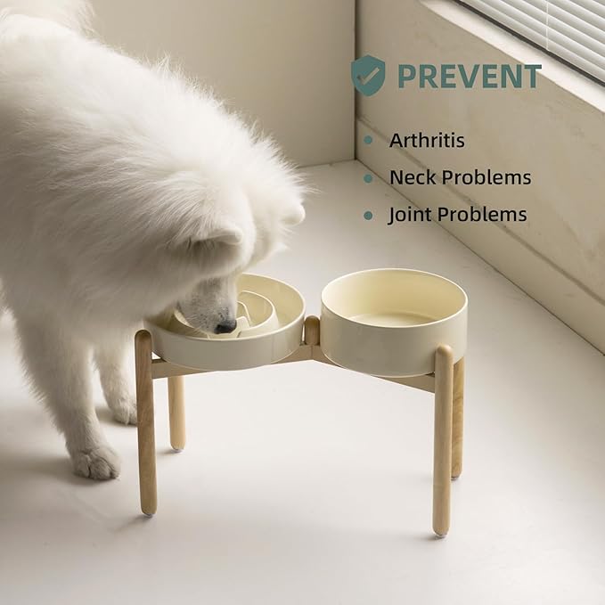 Ceramic Raised Slow Feeder Dog Bowl Set, Elevated 8.2inch Bowl and 9.5inch Puzzle Slow Food Dish with Wooden Stand for Large Dog, Anti-Gulping (2X Beige+ Stand)