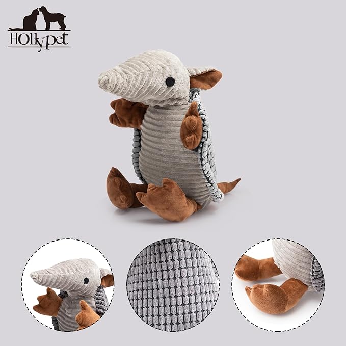 Hollypet Plush Dog Squeaky Toy Stuffed Armadillo Animal Pet Puppy Chew Toys with Clean Teeth for Small Medium Large All Breed Sizes Dogs, Dark Gray, 14 in