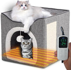 Heated Cat Bed Indoor w/ 12V Electric Heating Pad, Foldable Thermal Warming Heated Pet Bed House for Indoor Cats w/ Scratching Post, Covered Cat Cave Beds with Adjustable Temperature & Timer 16x16x15"