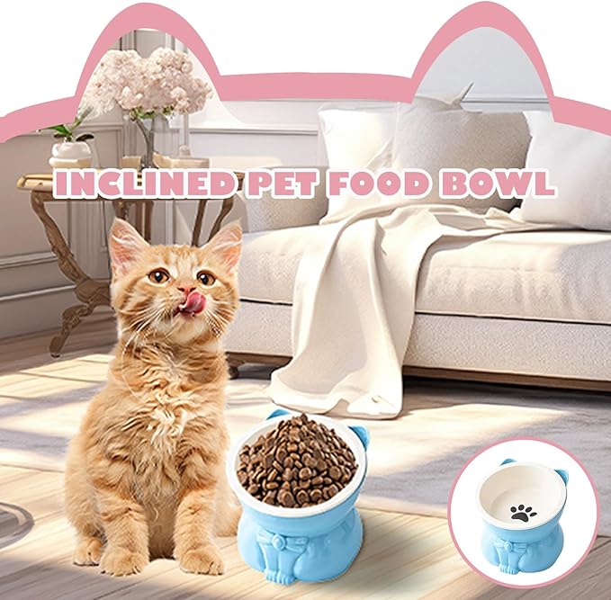 Ceramic Raised Cat Bowl 5 Inch - Tilted Anti-Vomiting & Whisker Fatigue Relief for Indoor Cats, Elevated Food Bowl for Small Dogs & Kittens, Blue