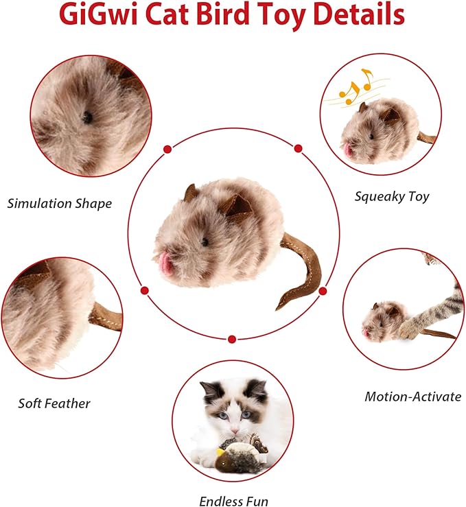 Gigwi Cat Toys for Indoor Cats, Interactive Cat Toy with Real Squeaky Mouse Electronic Sound Chirping, Kitten Toys Automatic Cats Mice Toy for Exercise & Kicker to Self Play, Relieve Boredom