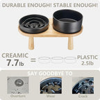 Ceramic Slow Feeder and Water Bowl Set for Medium and Large Dogs, Ceramic Dog Bowls Elevated with Wooden Stand, 2.0 Cups Dog Slow Feeder(30oz) and 70oz Water Bowl Set, Black