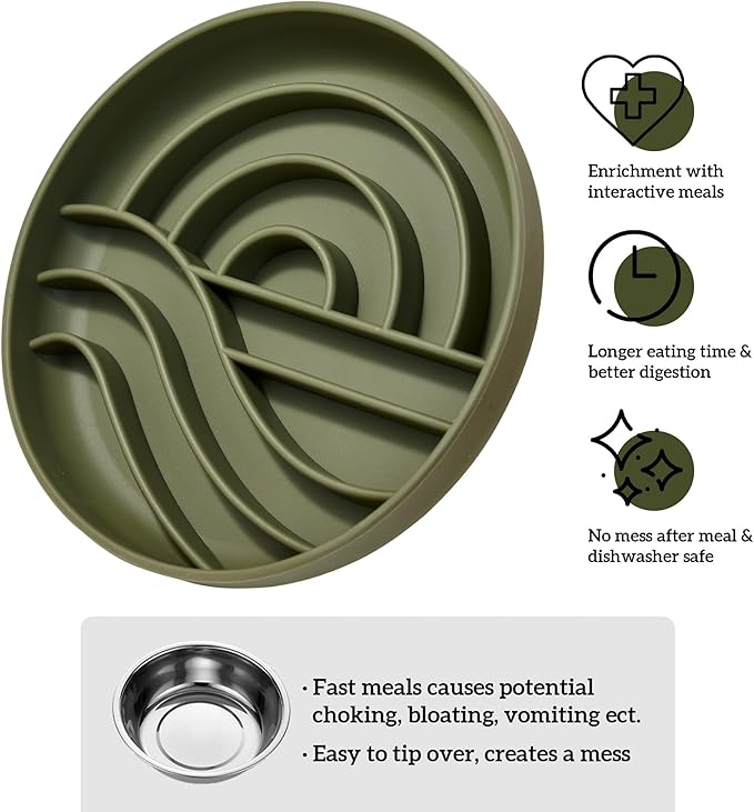 OHMO Slow Feeder Dog Bowls (Sunrise, Camo Green) Enrichment Toy Soft Silicone Food Safe Feeding Bowl Non Slip Suction Cup for All Breed Pet, Cat Slow Down Eating Dishes, Boredom and Anxiety Reducer