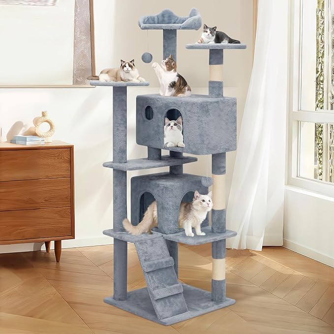 MoNiBloom 60 Inch Cat Tree Tower for Indoor Cats Large Adults, Cat Tower with Scratching Post, Multi-Level Furniture Activity Center with Cat Condo Pet Play House, Light Grey