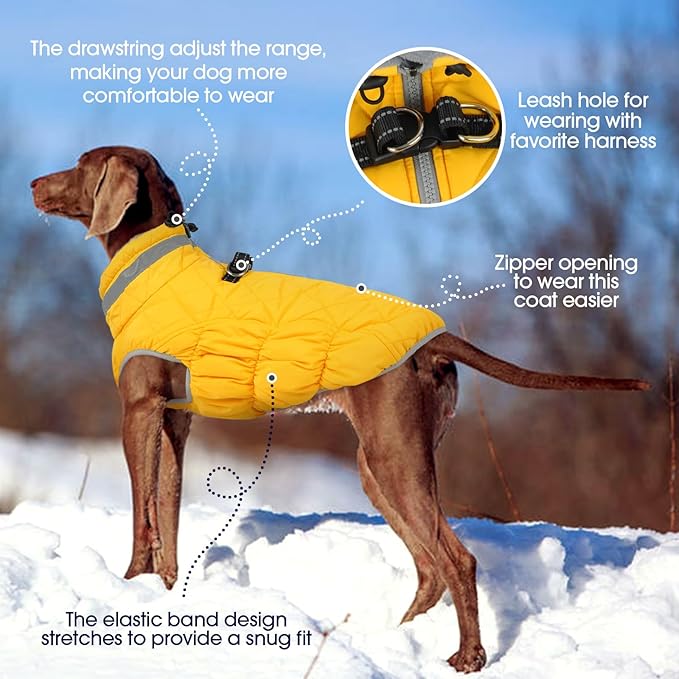 FUAMEY Dog Coat for Large Dogs,Waterproof Dog Winter Jacket with Harness Built in Puppy Cold Weather Coats Reflective Pet Vest with Zipper Warm Fleece Dogs Snowsuit Windproof Yellow 3XL